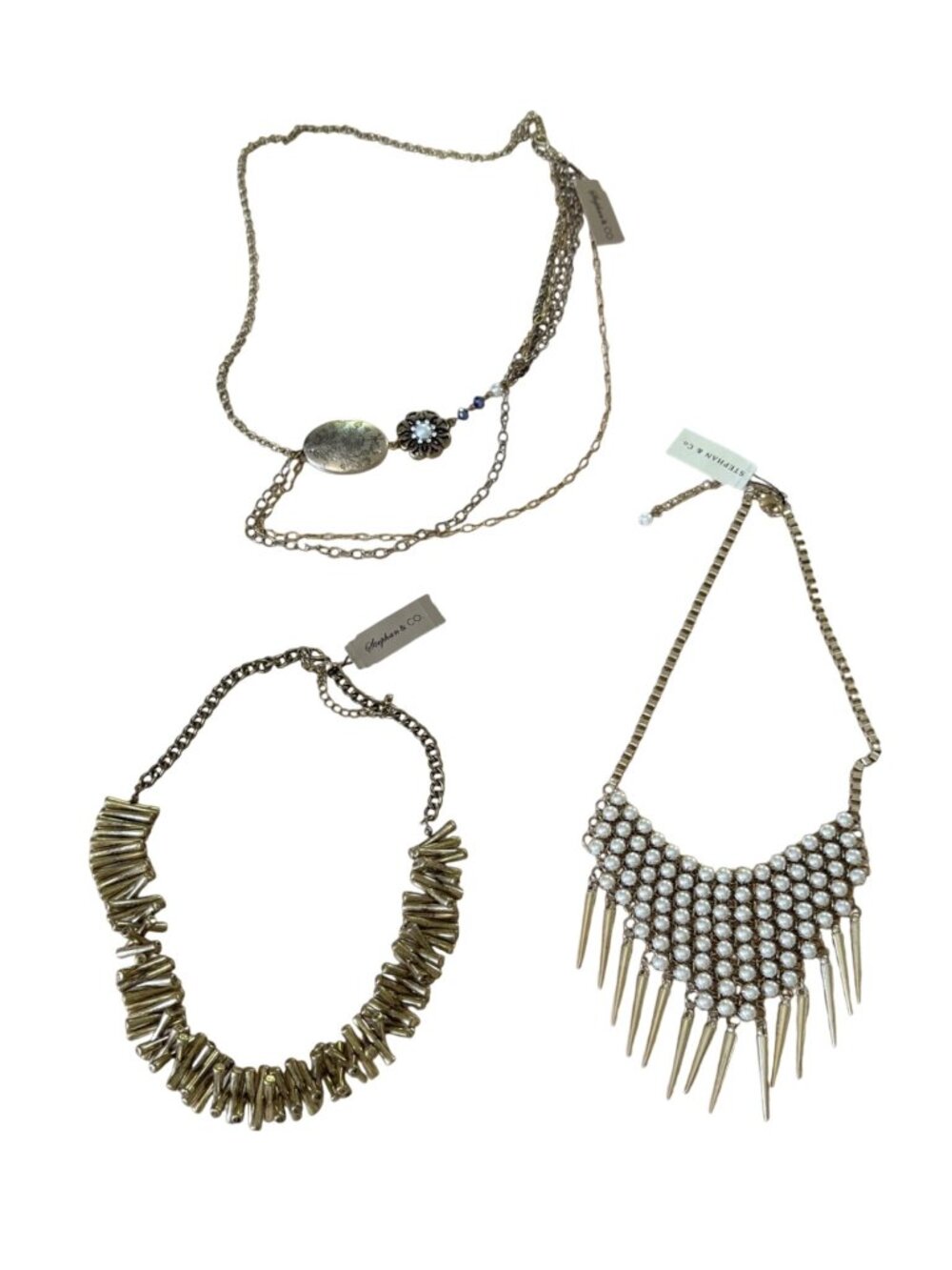 Lot of Gold Statement Necklaces With Unique Designs Including Spiked Beads